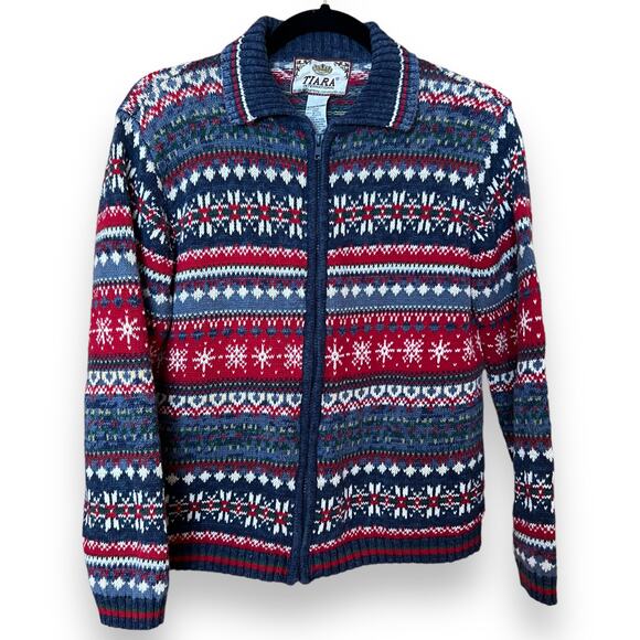 Tiara International Sweaters - 2002 Y2K Vintage Tiara International SZ M Blue Nordic Fair Isle Knit Sweater